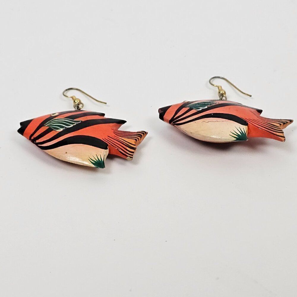 Vintage Fish Hand Painted Orange Wood Dangle Hook Pierced Tropical Boho Earrings - Picture 4 of 9